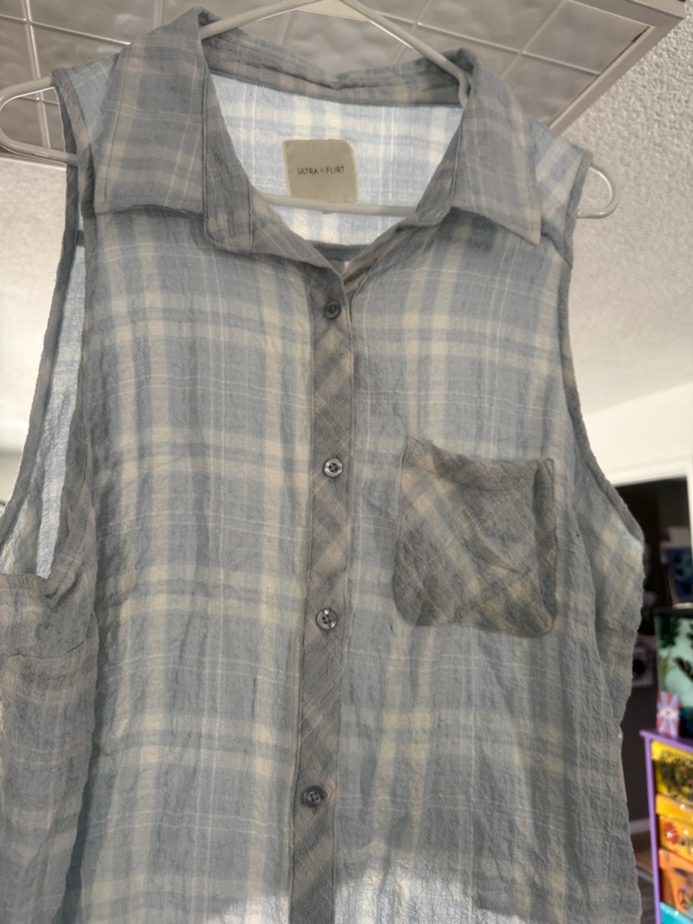 NWT Ultra Flirt Coastal Cowgirl Blue Plaid Tie Front Sleeveless Top 1X - Picture 3 of 12